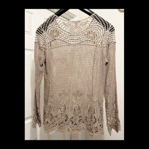 Pretty 100% Cotton Taupe/Khaki Mesh Crochet Lace Top Size L by Cato